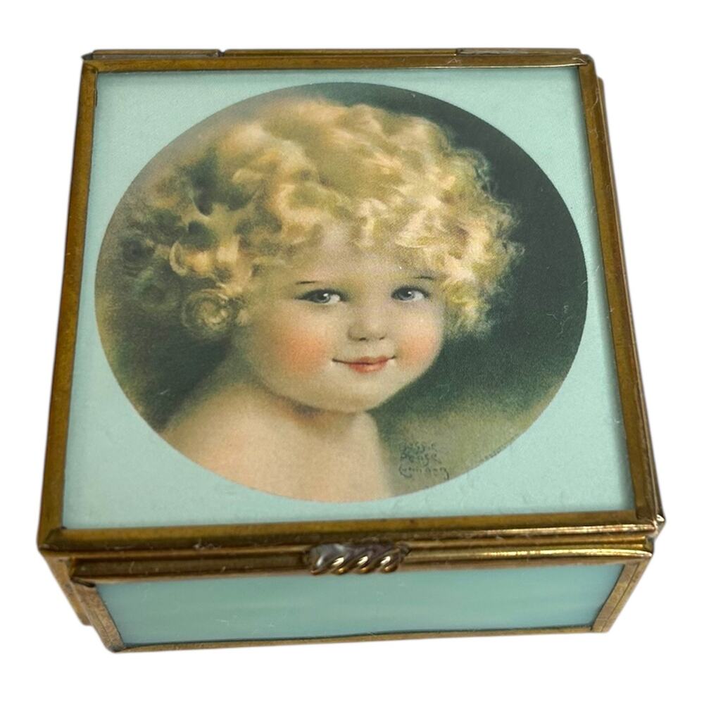Vintage Via Vermont Sunbeam Print Light Blue Opalescent Glass Small Brass Box